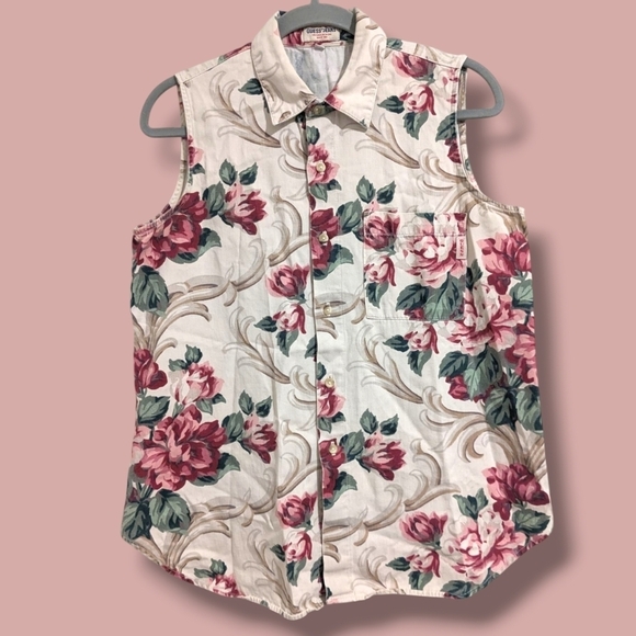 Guess Vintage Off-White Red Floral Button-Up Shirt Vest 90s Grandma - Picture 1 of 11